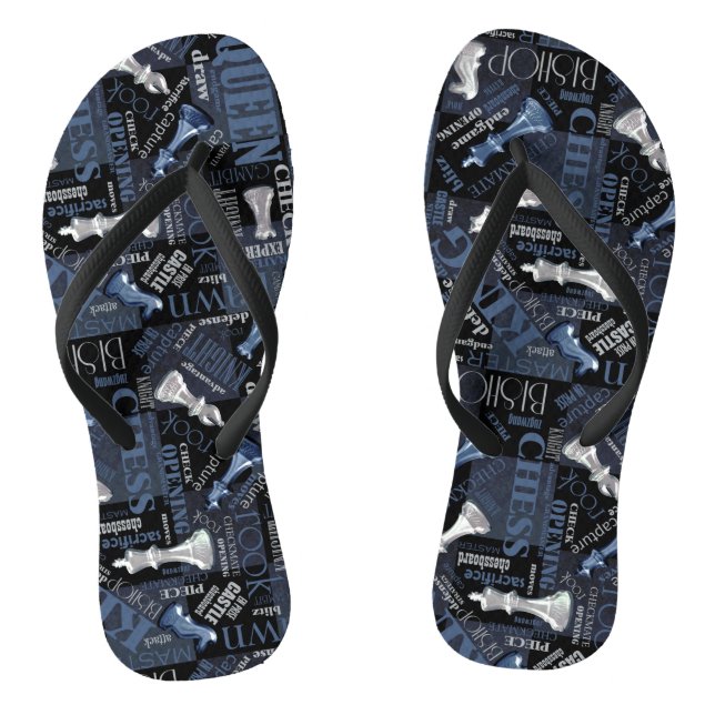Chess Terms and Pieces Silver and Blue ID784 Flip Flops (Footbed)