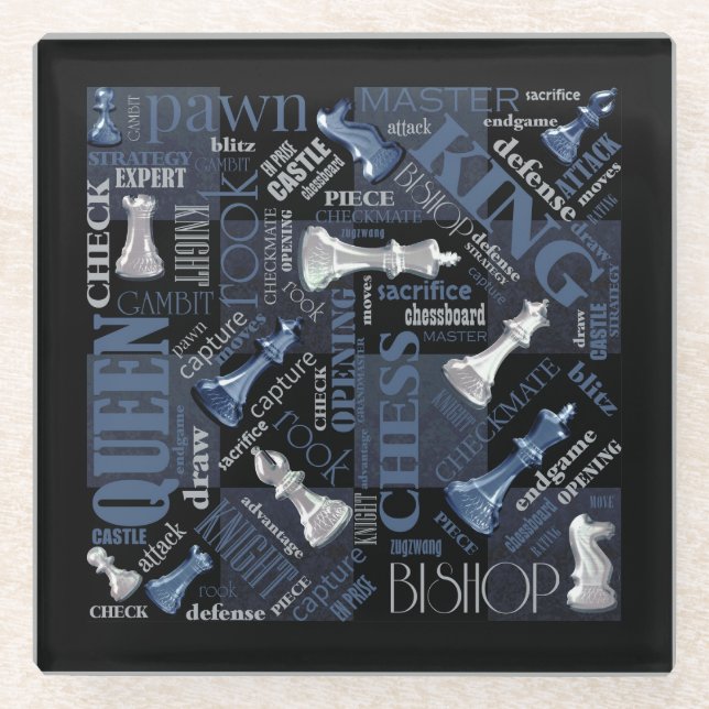 Chess Terms and Pieces Silver and Blue ID784 Glass Coaster (Front)