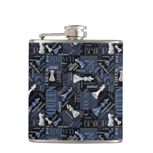 Chess Terms and Pieces Silver and Blue ID784 Hip Flask (Front)