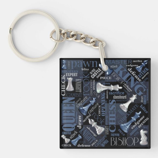 Chess Terms and Pieces Silver and Blue ID784 Key Ring (Front)