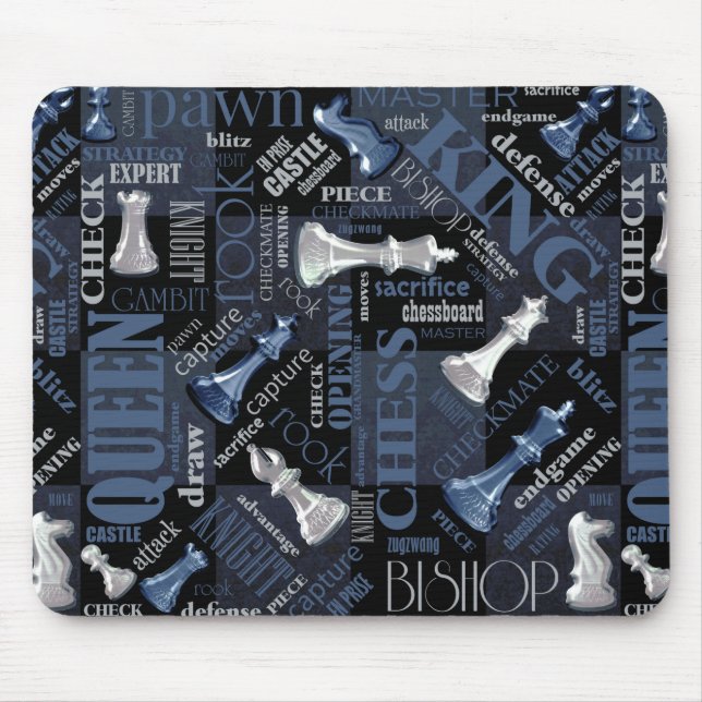 Chess Terms and Pieces Silver and Blue ID784 Mouse Mat (Front)