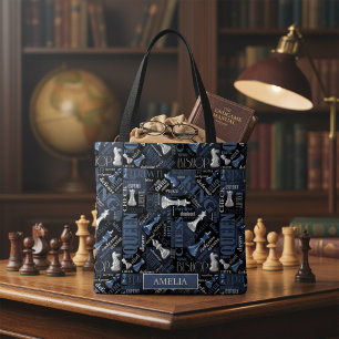 Chess Terms and Pieces Silver and Blue ID784 Tote Bag