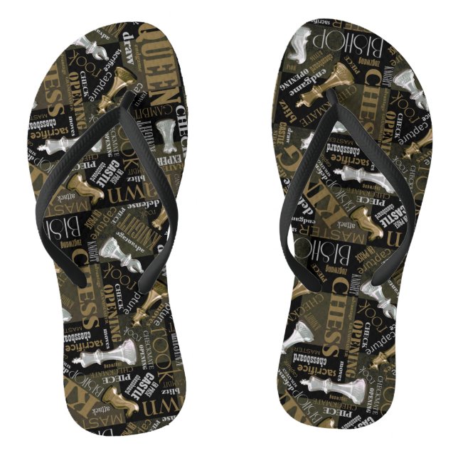 Chess Terms and Pieces Silver and Gold ID784 Flip Flops (Footbed)