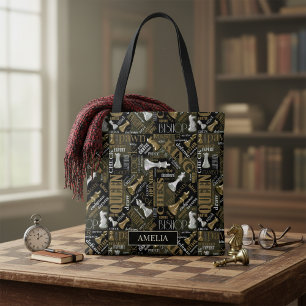 Chess Terms and Pieces Silver and Gold ID784 Tote Bag