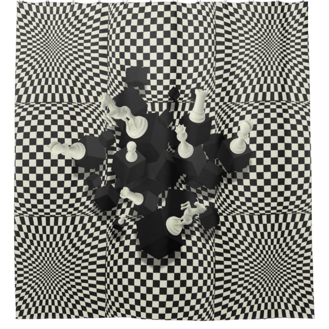Chessboard and 3D Chess Pieces composition Shower Curtain (Front)