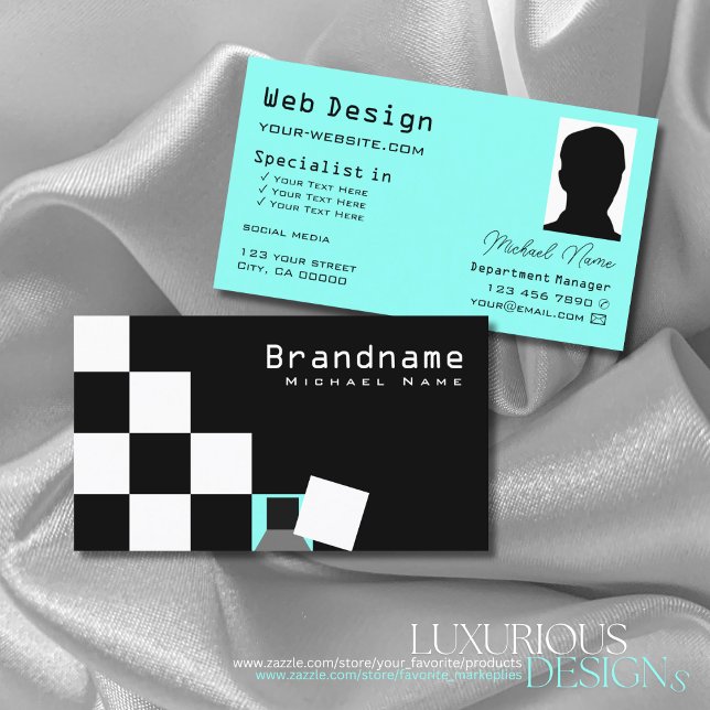Chessboard Black and White Modern Teal with Photo Business Card (Creator Uploaded)