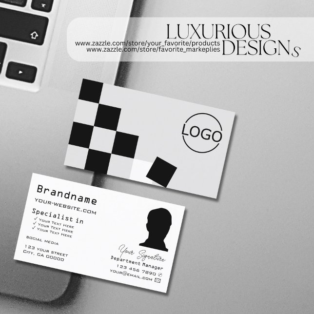 Chessboard Black Light Grey with Logo and Photo Business Card (Creator Uploaded)