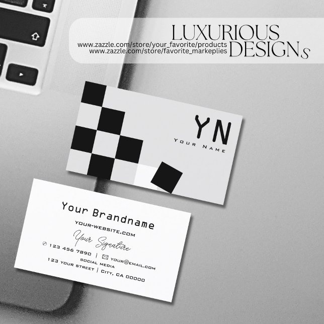 Chessboard Black Light Grey with Monogram Modern Business Card (Creator Uploaded)
