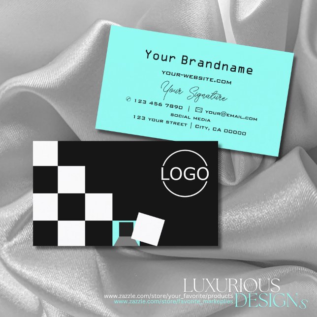 Chessboard Black White Teal Modern with Logo Cool Business Card (Creator Uploaded)