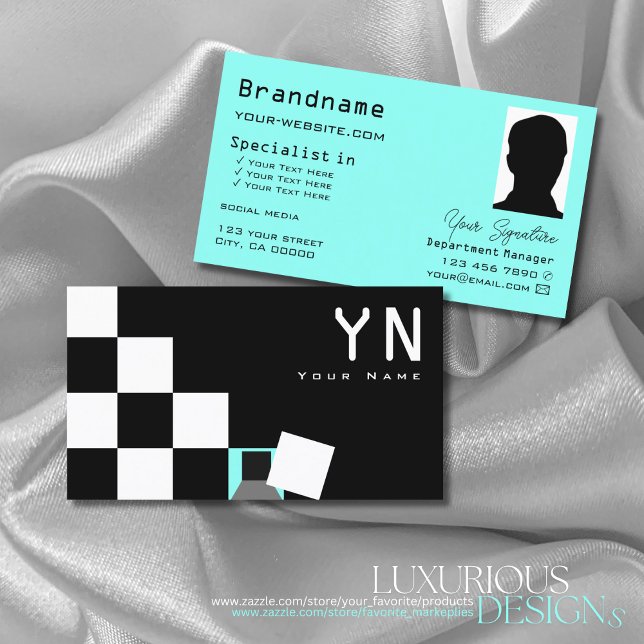 Chessboard Black White Teal with Monogram & Photo Business Card (Creator Uploaded)