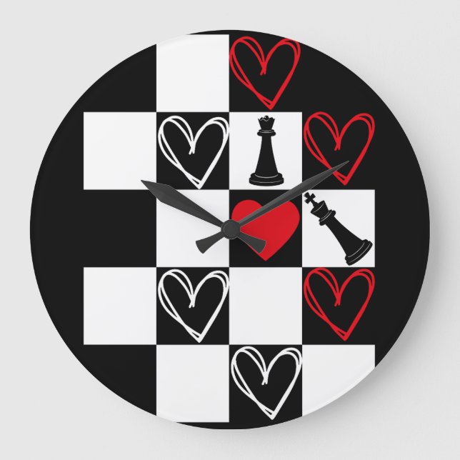 Chessboard Heart Valentines Day B&W Large Clock (Front)