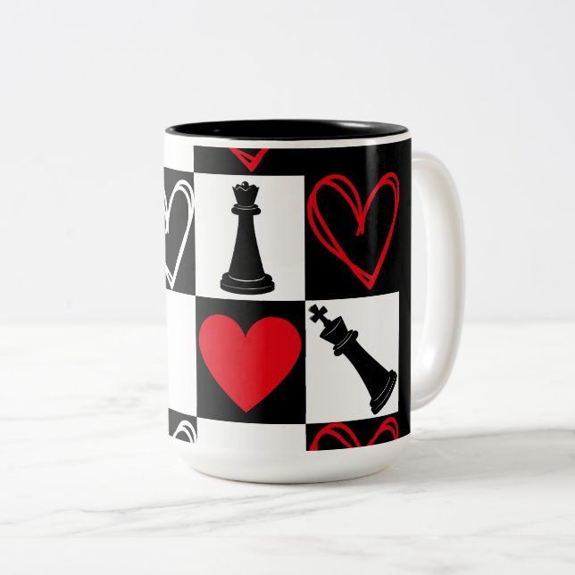 Chessboard Heart Valentines Day B&W Two-Tone Coffee Mug (Front Right)