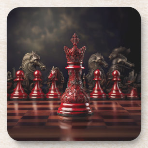 Chessboard Scene Featuring Ornate Red King Coaster