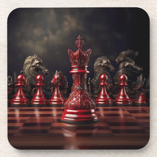 Chessboard Scene Featuring Ornate Red King Coaster (Front)