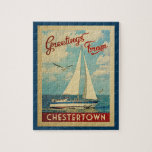 Chestertown Jigsaw Puzzle Sailboat Retro Maryland<br><div class="desc">This Greetings From Chestertown Maryland vintage travel nautical design features a boat sailing on the water with seagulls and a blue sky filled with gorgeous puffy white clouds.</div>