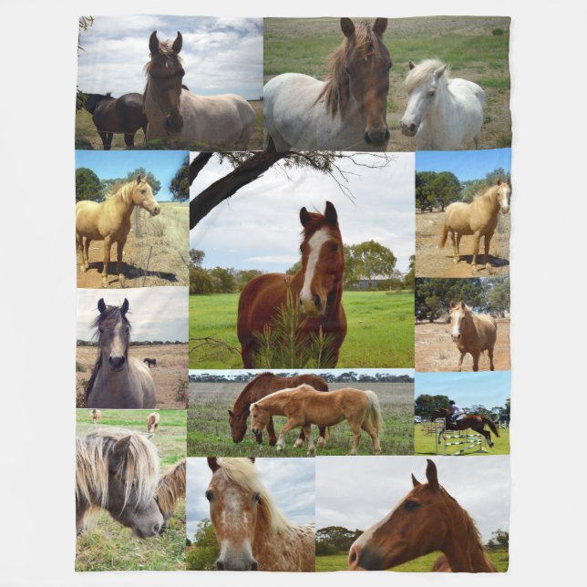 Chestnut And Arab Horses In A Picture Collage, Fleece Blanket (Front)