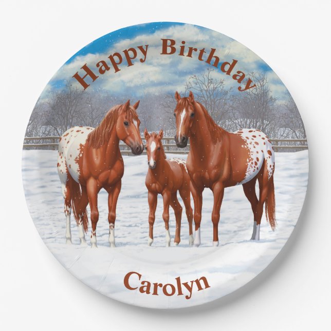 Chestnut Appaloosa Sorrel Quarter Horses in Snow Paper Plate (Front)