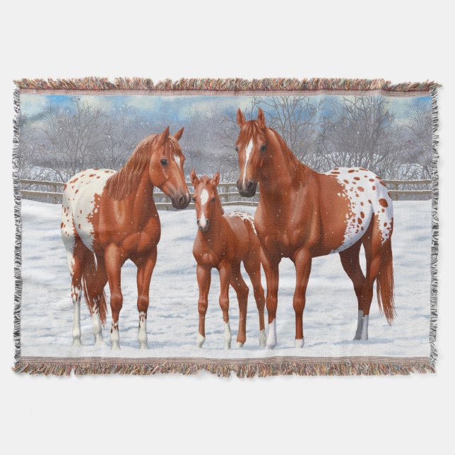 Chestnut Appaloosa Sorrel Quarter Horses in Snow Throw Blanket (Front)