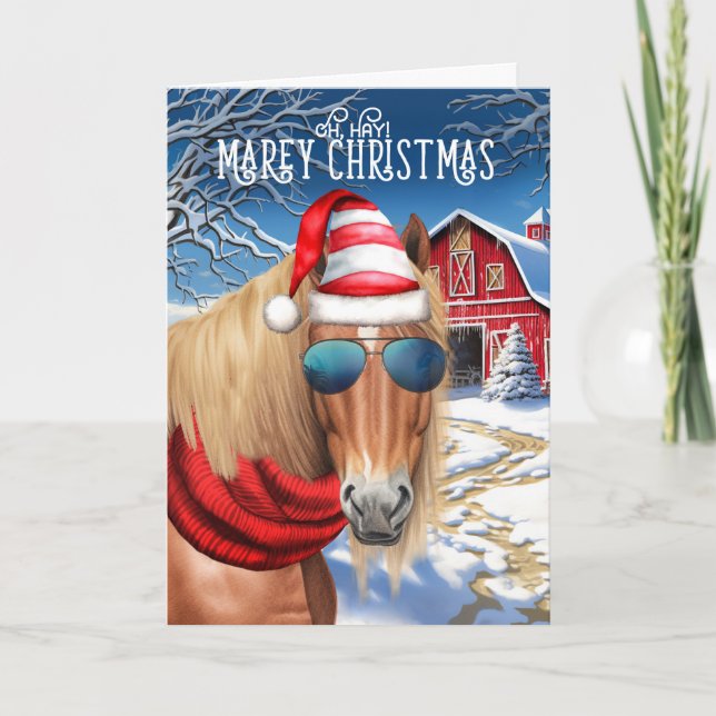 Chestnut Blonde Mane Horse Funny MAREy Christmas Holiday Card (Front)
