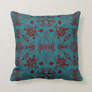 Chestnut Brown and Dark Turquoise Flourishes Cushion