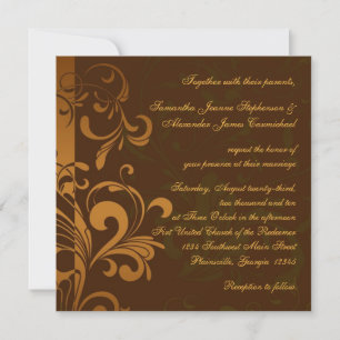 Chestnut Brown Gold/Green Swirl Square Wedding Invitation