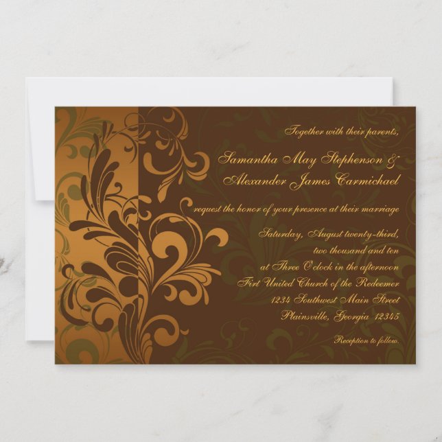 Chestnut Brown/Gold/Green Swirl Wedding Invitation (Front)