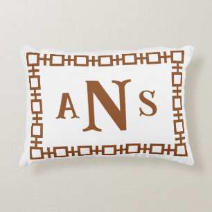 Chestnut Brown Square Greek Key Monogram Decorative Cushion