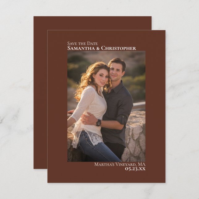 Chestnut Brown Vertical Photo Minimalist Wedding Save The Date (Front/Back)