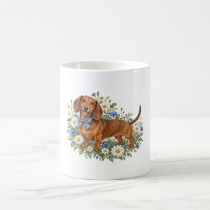 Chestnut Dachshund with Blue Bow and White Daisies Coffee Mug
