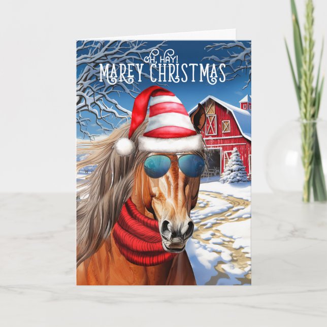 Chestnut Draught Horse Funny MAREy Christmas Holiday Card (Front)