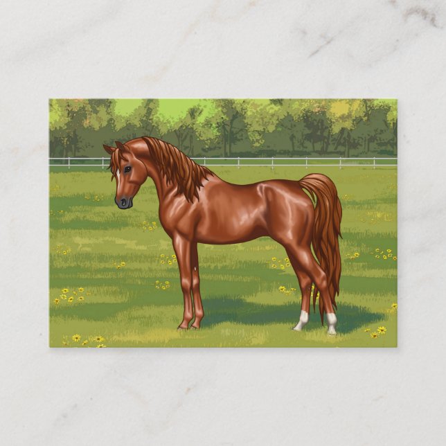 Chestnut Egyptian Arabian Horse in Spring Pasture Business Card (Front)