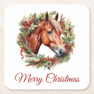 Chestnut horse and Christmas Wreath Watercolor Square Paper Coaster