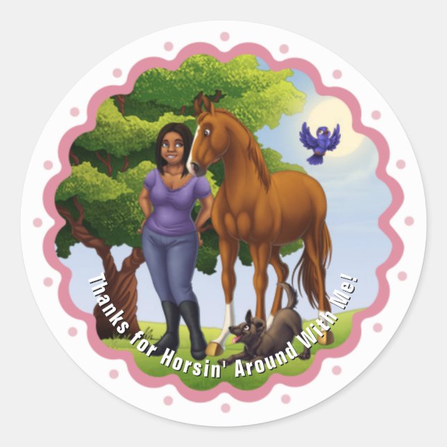 Chestnut Horse and Girl Classic Round Sticker (Front)
