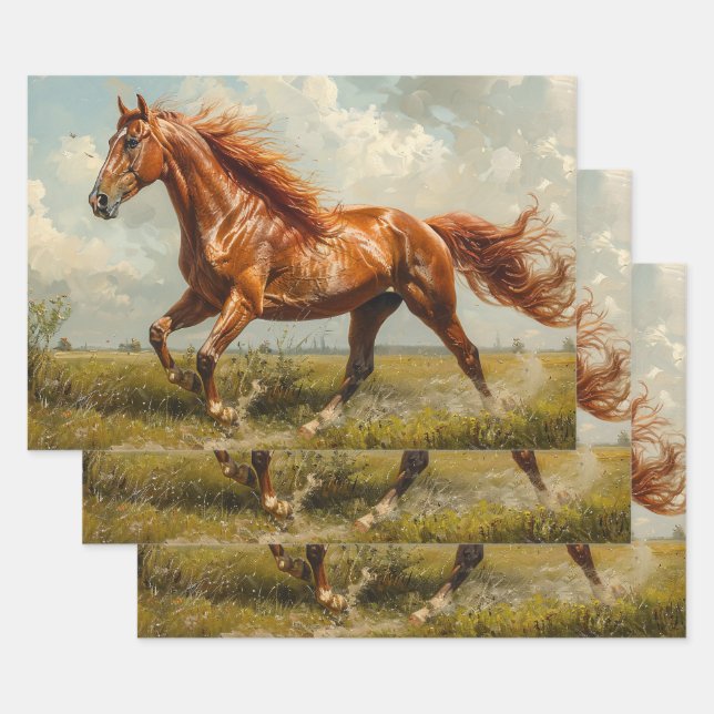Chestnut Horse Galloping Oil Painting Decoupage Wrapping Paper Sheet (Set)