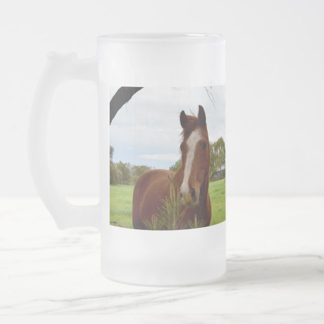 Chestnut Horse Sniffing A Banksia Tree, Frosted Glass Beer Mug (Left)