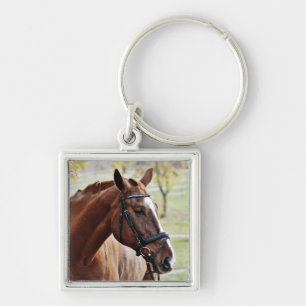 Chestnut Horse with Blaze, Bridle, in Pasture Key Ring