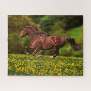 Chestnut Lusitano Running In Buttercups Jigsaw Puzzle