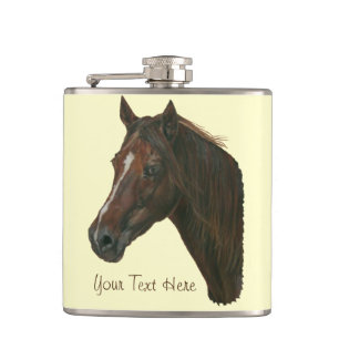 Chestnut mare horse portrait equine art painting hip flask