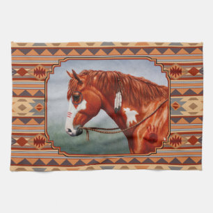 Chestnut Pinto Horse Southwest Indian Design Tea Towel