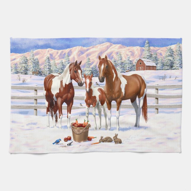 Chestnut Pinto Sorrel Paint Quarter Horses In Snow Tea Towel (Horizontal)