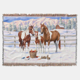 Chestnut Pinto Sorrel Paint Quarter Horses In Snow Throw Blanket