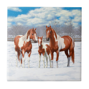 Chestnut Pinto Sorrel Paint Quarter Horses In Snow Tile