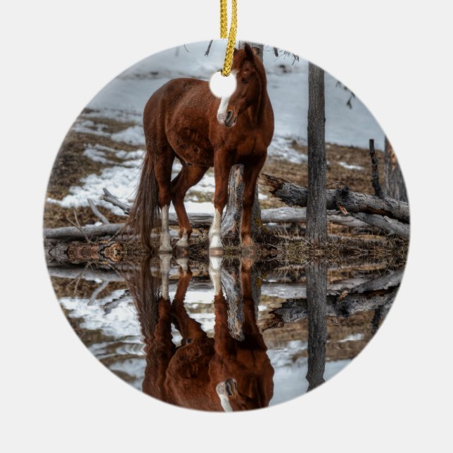 Chestnut Ranch Horse and Pond Reflection Ceramic Tree Decoration (Front)