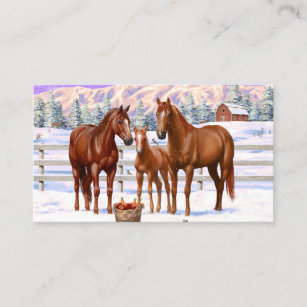 Chestnut Sorrel Quarter Horses In Snow Business Card