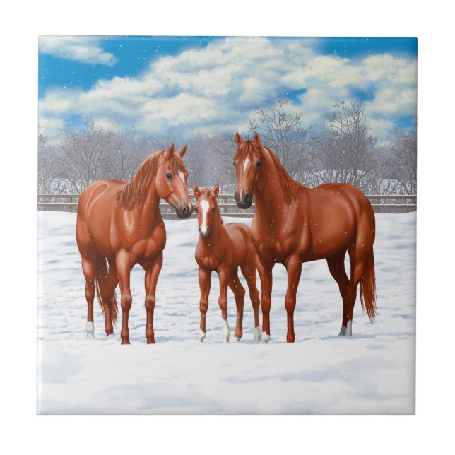 Chestnut Sorrel Quarter Horses In Snow Tile (Front)