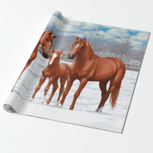 Chestnut Sorrel Quarter Horses In Snow Wrapping Paper