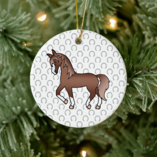 Chestnut Trotting Horse Cute Cartoon Illustration Ceramic Tree Decoration