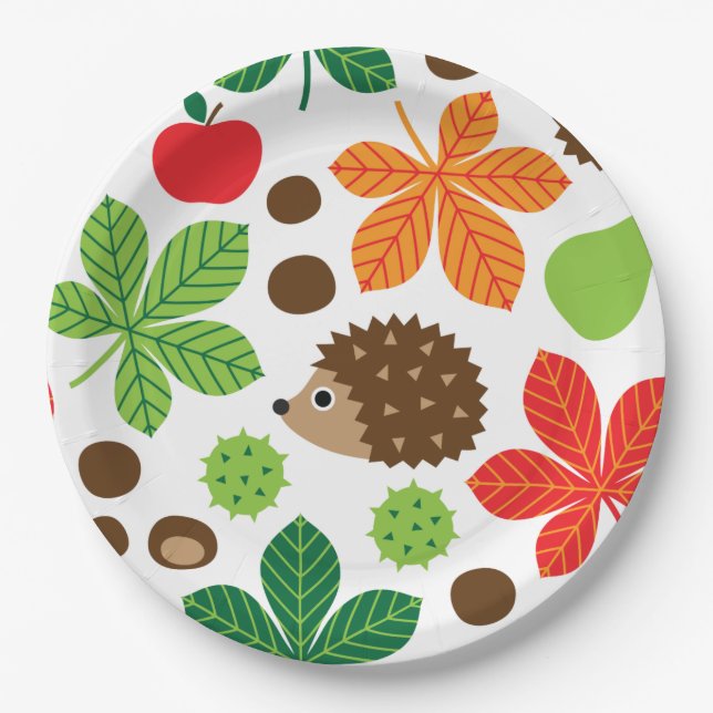 Chestnuts & Hedgehog Seamless Pattern Paper Plate (Front)