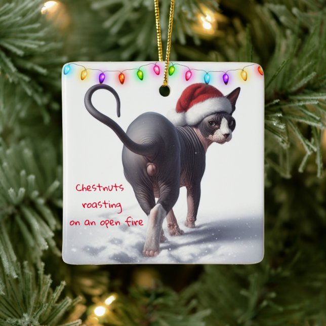 Chestnuts Roasting Sphynx Cat Christmas Ceramic Ornament (Tree)