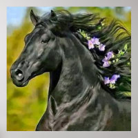 cheval noir crinière fleurie, Papier poster (mat)
